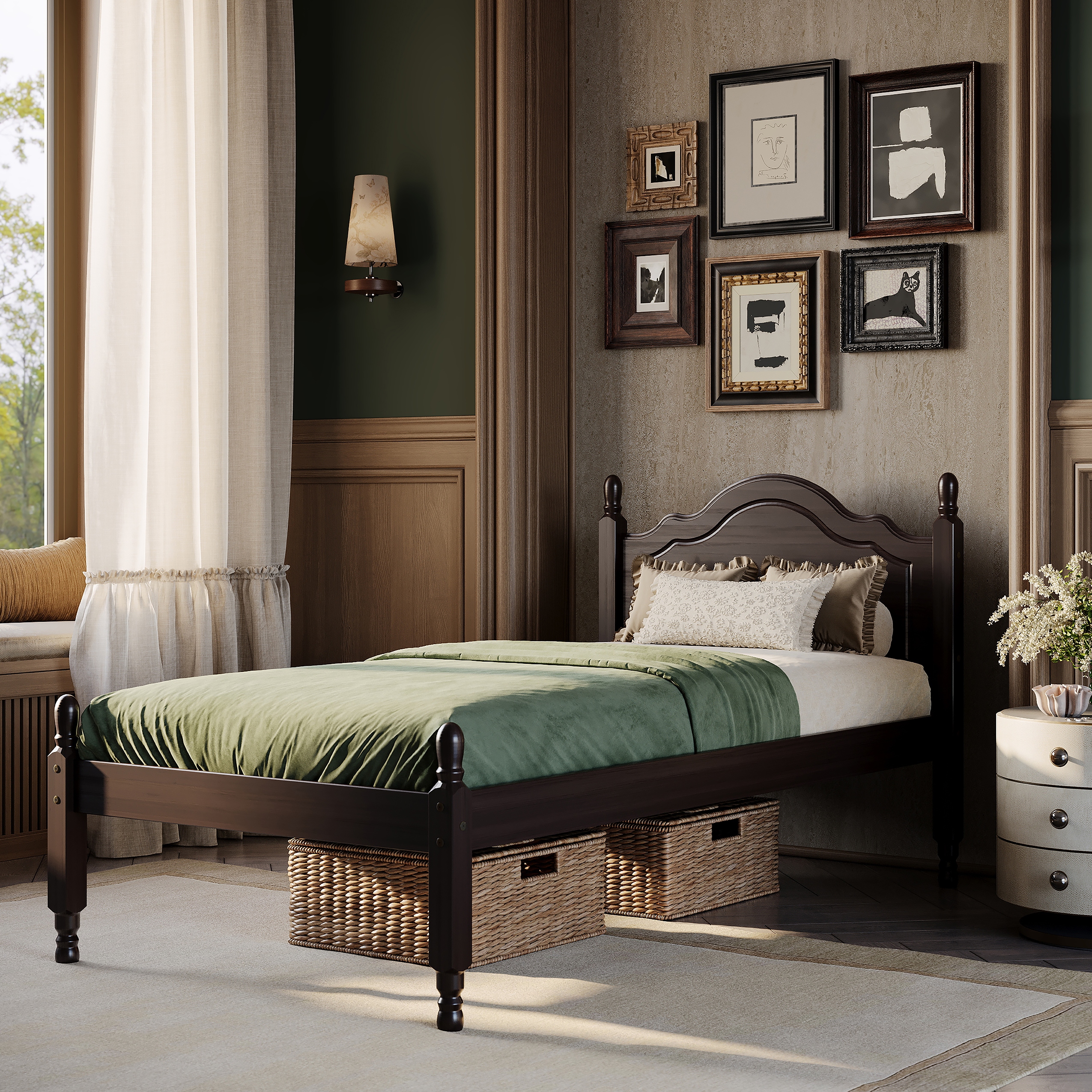 100% Solid Wood Reston Twin Size Panel Headboard Platform Bed by